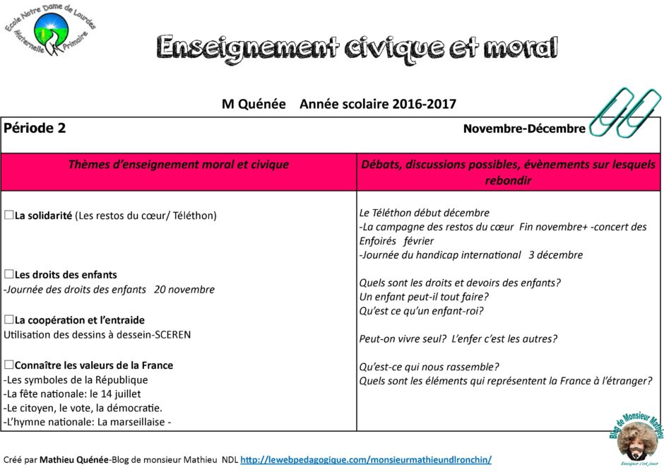 Programmation EMC: enseignement moral et civique CE2 2016 – Monsieur
